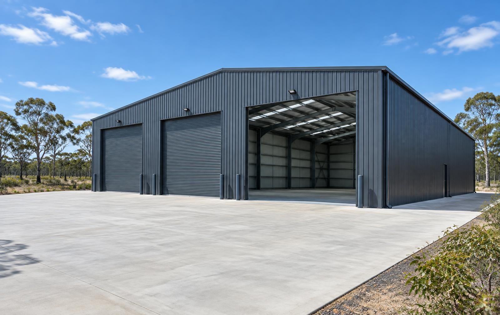 Illustrative graphite-clad industrial steel shed with large roller doors